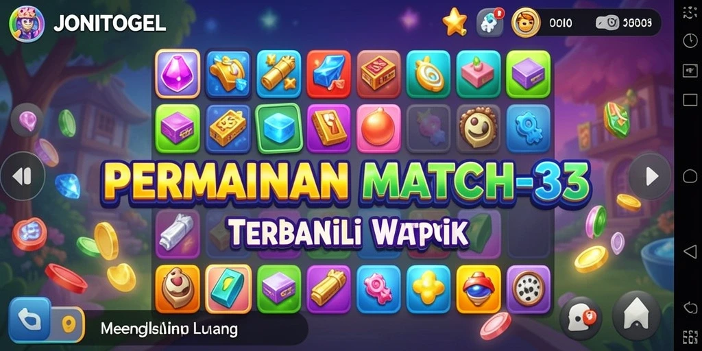Screenshot utama JONITOGEL menampilkan gameplay Match-3 yang seru dan berwarna-warni.