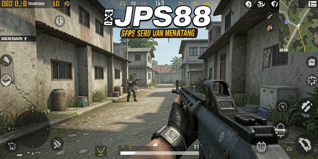 Screenshot utama JPS88 menunjukkan pertempuran intens dalam game FPS.