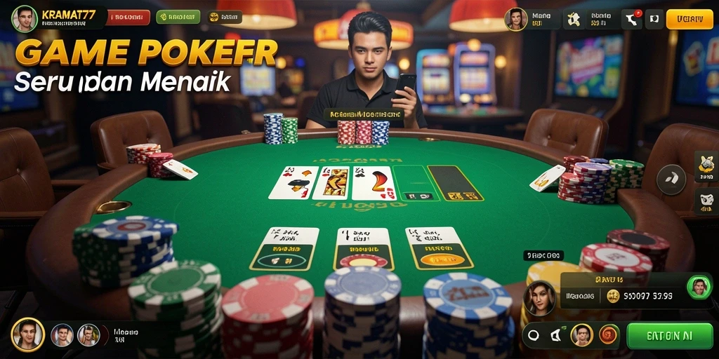 Tampilan gameplay menarik dalam KRAMAT77 dengan grafis poker yang memukau.