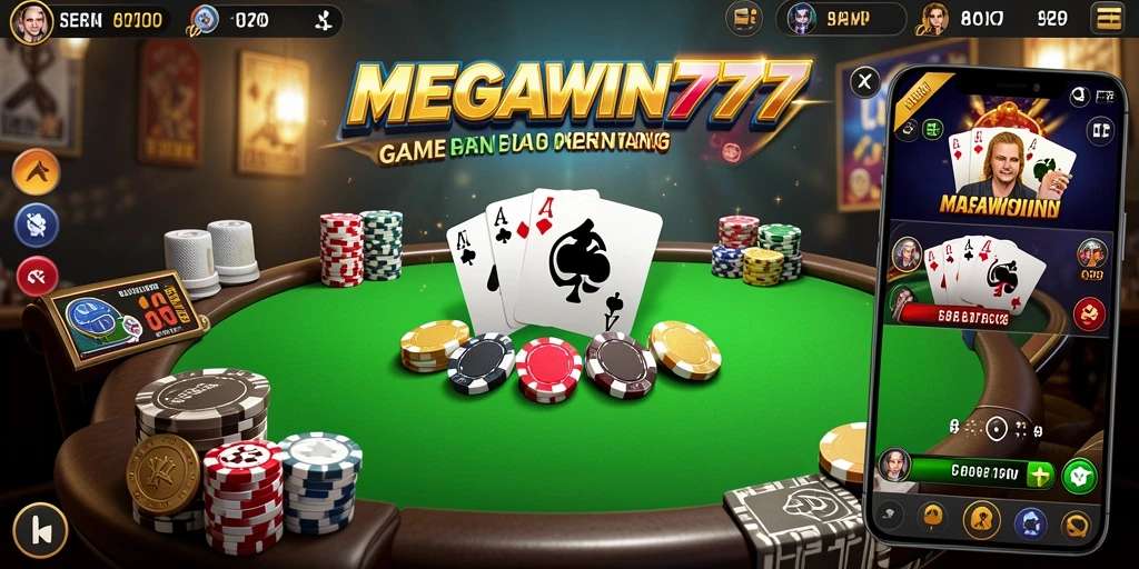 Screenshot permainan <strong>MEGAWIN777</strong> yang menunjukkan gameplay poker yang intens.