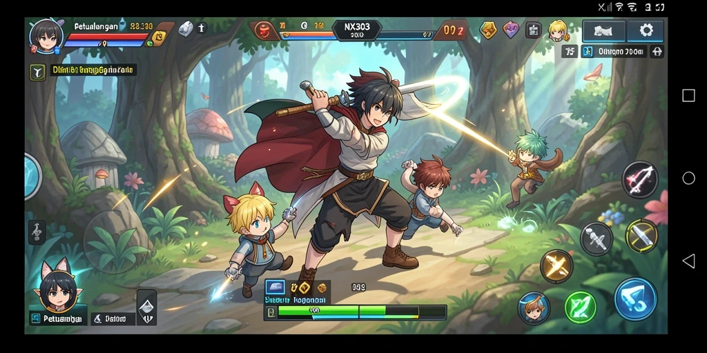Screenshot NX303 menampilkan karakter anime yang sedang bertarung dengan animasi menarik.