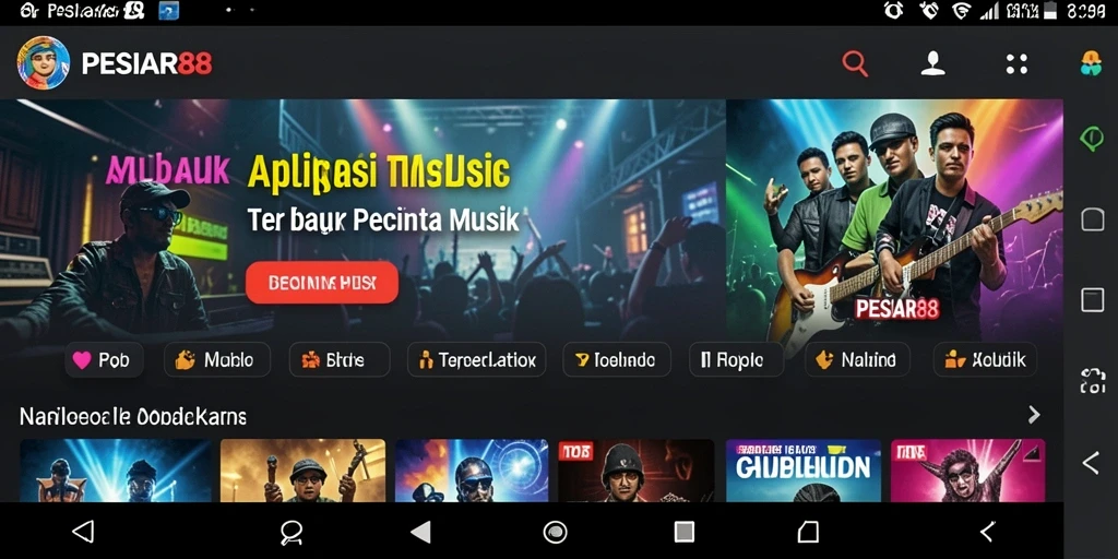 Screenshot PESIAR88 menampilkan antarmuka pengguna yang penuh warna dengan berbagai lagu.