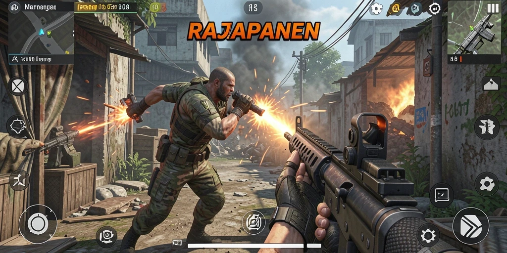 Screenshot utama RAJAPANEN menampilkan aksi pertempuran FPS yang intens.