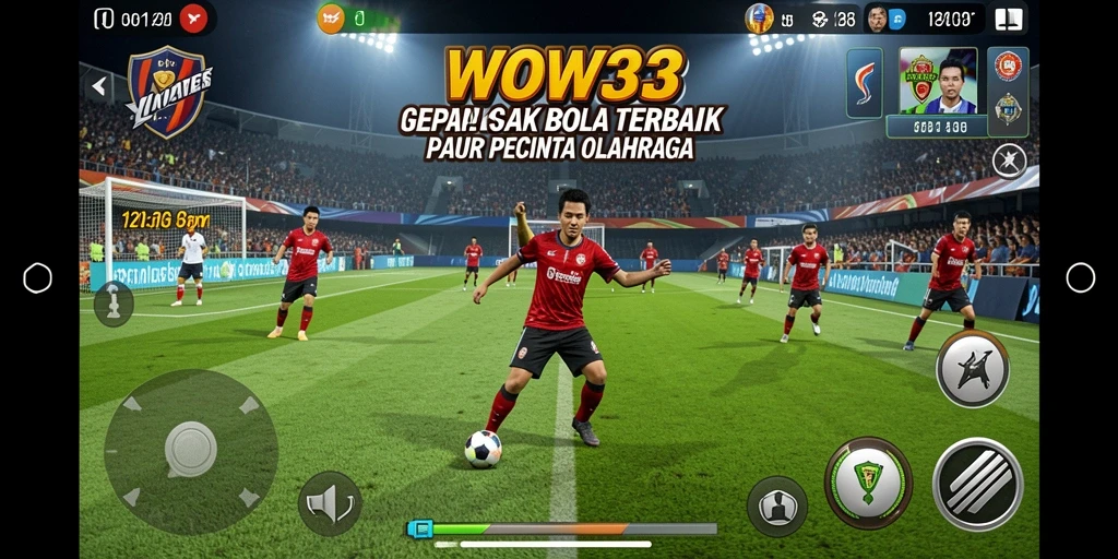 Screenshot dari gameplay WOW33 yang menampilkan aksi sepak bola seru.